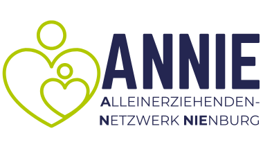 Logo des Alleinerziehenden-Netzwerkes Nienburg. Es steht geschrieben: ANNIE Alleinerziehenden Netzwerk Nienburg. Daneben ist eine Grafik mit einem großen und einem kleinen Herzen und zwei Kreise darüber. Das soll die Verbindung zu Mutter und Kind oder Vater und Kind darstellen. 