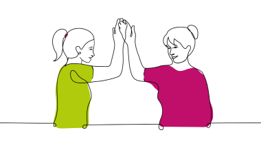 Zwei gezeichnete Frauen stehen sich gegenüber und klatschen sich ab. Sie freuen sich und arbeiten miteinander.