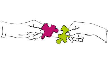 Zwei gezichnete Hände halten jeweils ein Puzzleteil. Das eine Puzzleteil ist pink und das andere Puzzleteil ist grün. Es stellt die Verbindung der Frauen und Wirtschaft dar.