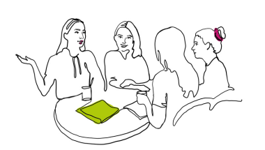 Auf dem Bild sind vier gezeichnete Frauen, die rund um einen Tisch sitzen. Die Situation soll ein Seminar darstellen. Die Frauen unterhalten sich angeregt.