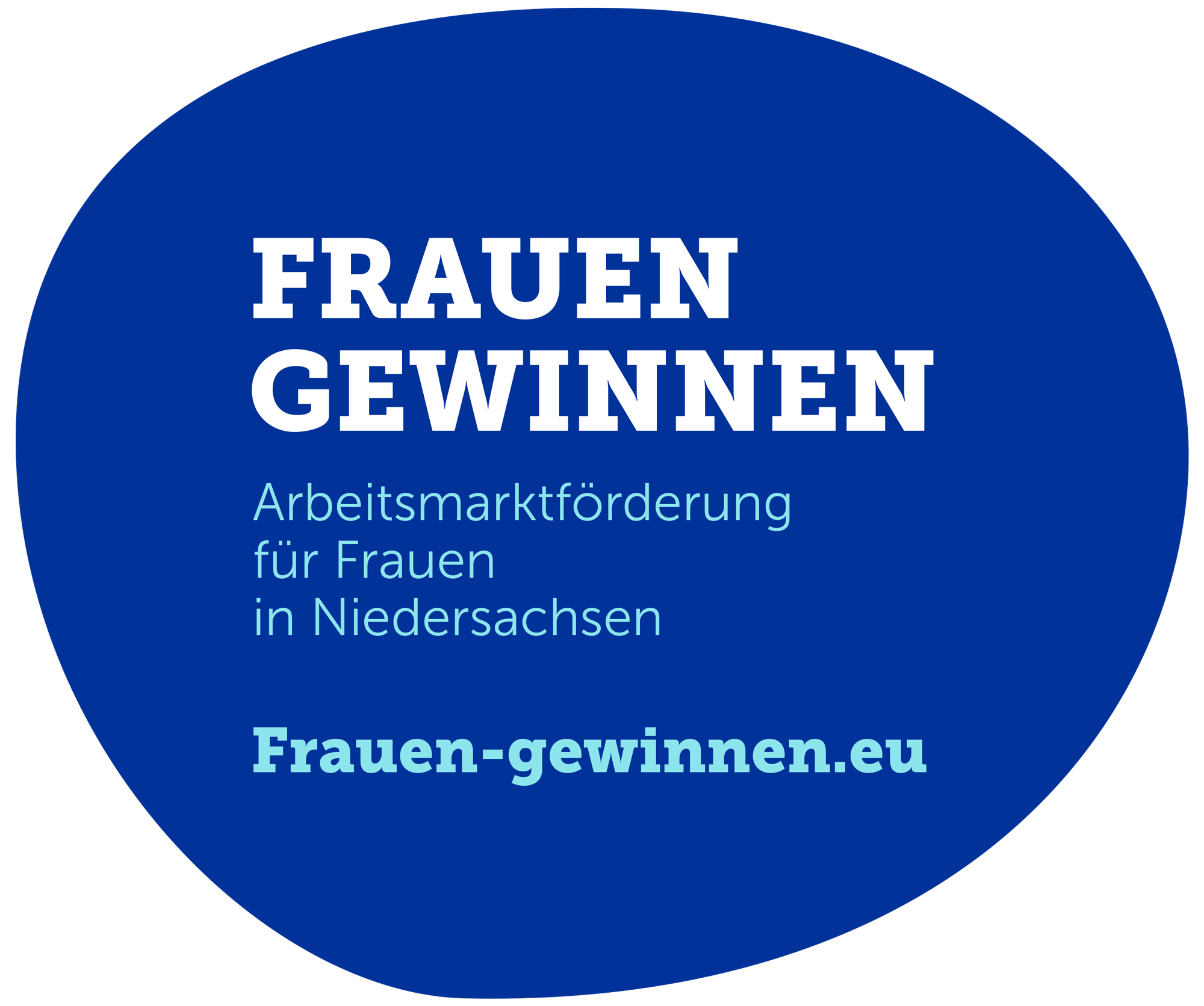 Logo-Frauen-Gewinnen Blaue Elipse mit Text Frauen Gewinnen Arbeitsmarktförderung für Frauen in Niedersachsen Frauen-gewinnen.eu