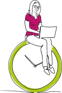 Das Bild zeigt eine Zeichnung einer Frau, die auf einer großen Uhr sitzt und an einem Laptop arbeitet.